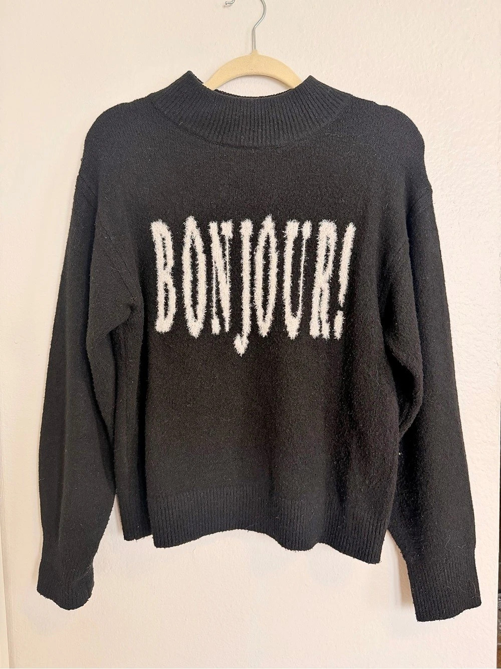 a new day Bonjour Graphic Mock Neck Sweater Black & White, Size Small